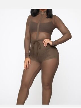 Fashion Nova Olive Green Fish Net Jumpsuit M